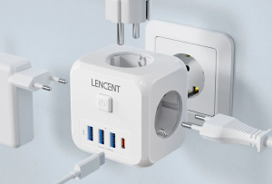 Lencent kockaelosztó három dugaljjal és négy USB porttal