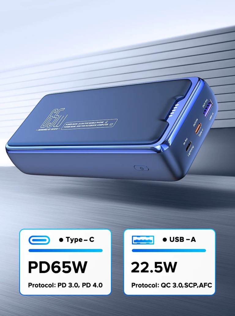 QOOVI 30 000 mAh-s power bank 65 W teljesítménnyel 9